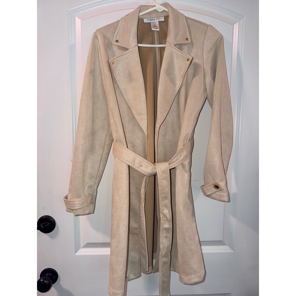 Carole Wren Beige Faux Suede Trench Coat Petite Small‎ PS Gold Buttons Belted